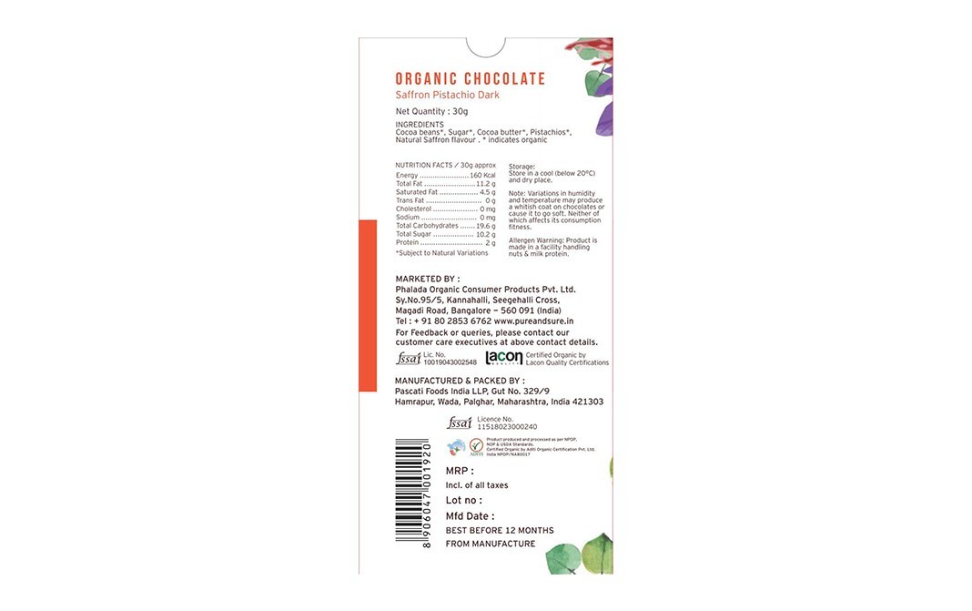 Pure & Sure Organic Chocolate Saffron Pistachio Dark   Pack  30 grams